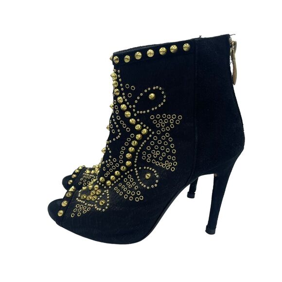 Zara Woman Black Leather Studded Spikes Peep Toe Ankle Boots EU 37 - Picture 5 of 7